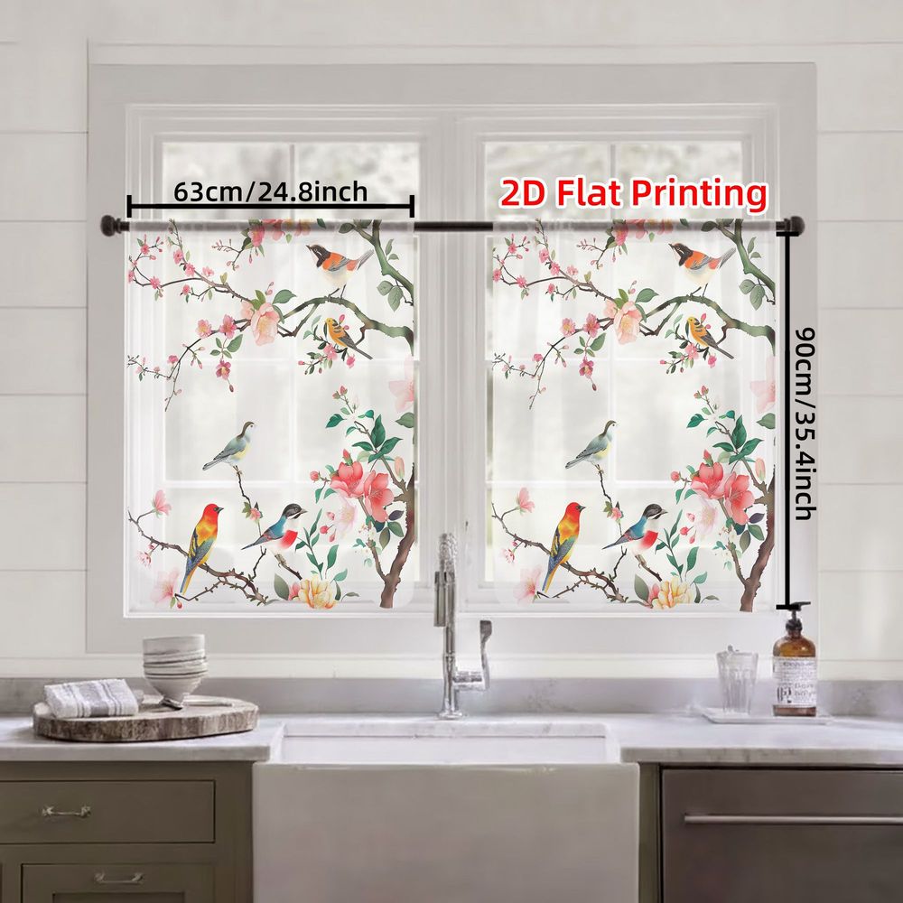 TEMU 2D Plat, 2 pièces Rideaux Légers Printemps Été, Rideaux Transparents Colorés Oiseaux Nature Floraux, Voilage Délicat avec de Fleurs Vibrantes et
