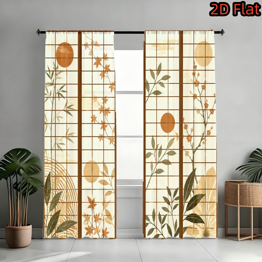 Image of 2d Flat - 2d Flat 2pcs Bamboo And Maple Leaf Pattern Light Filtering Curtains, Sun Motif Print, Rod , Aesthetic Decor For Room Bedroom Dormitory