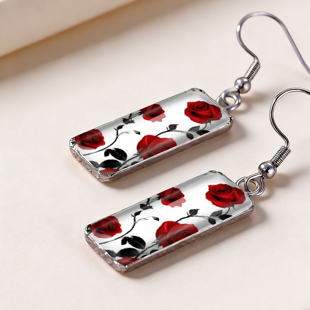 1 Pair of Rectangular Dangle Earrings with Rose Patterns