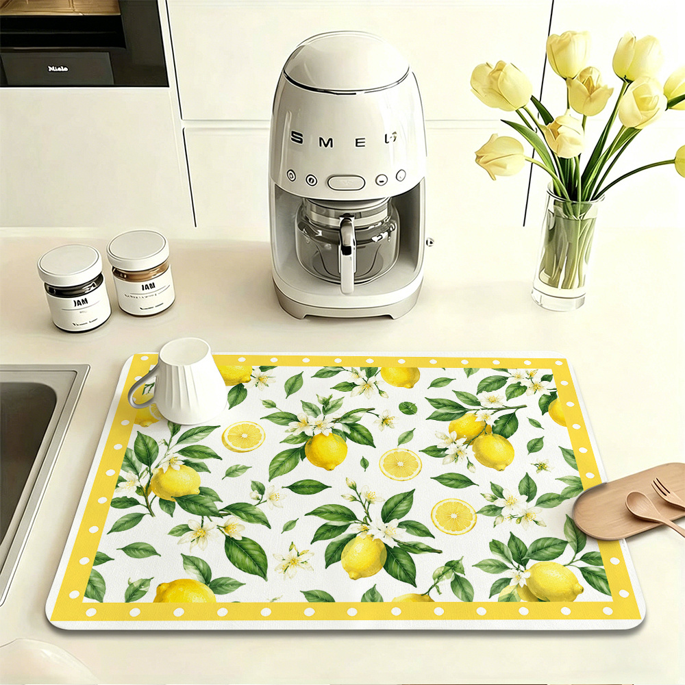 TEMU 1pc, Lemon Floral Print Tableware Drying Mat/absorbent Placemat, Non-slip Rubber Bottom, Suitable For Table Setting/daily Dining, Kitchen