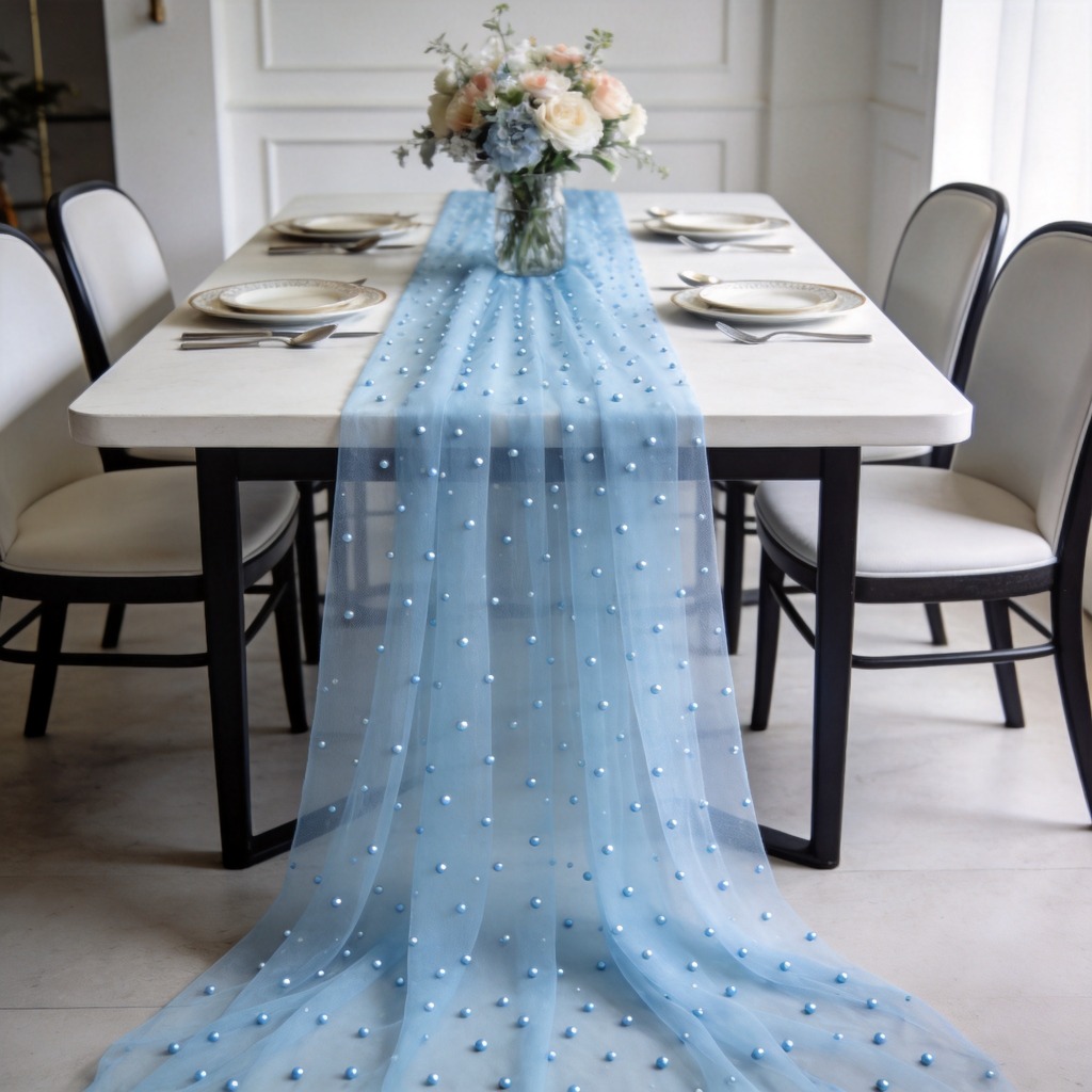 TEMU Elegant Sky Table Runner Suitable For Wedding & Dining Decor - Jacquard Scattered Pearl Mesh Runner, Skin-friendly Breathable Polyester Drapes
