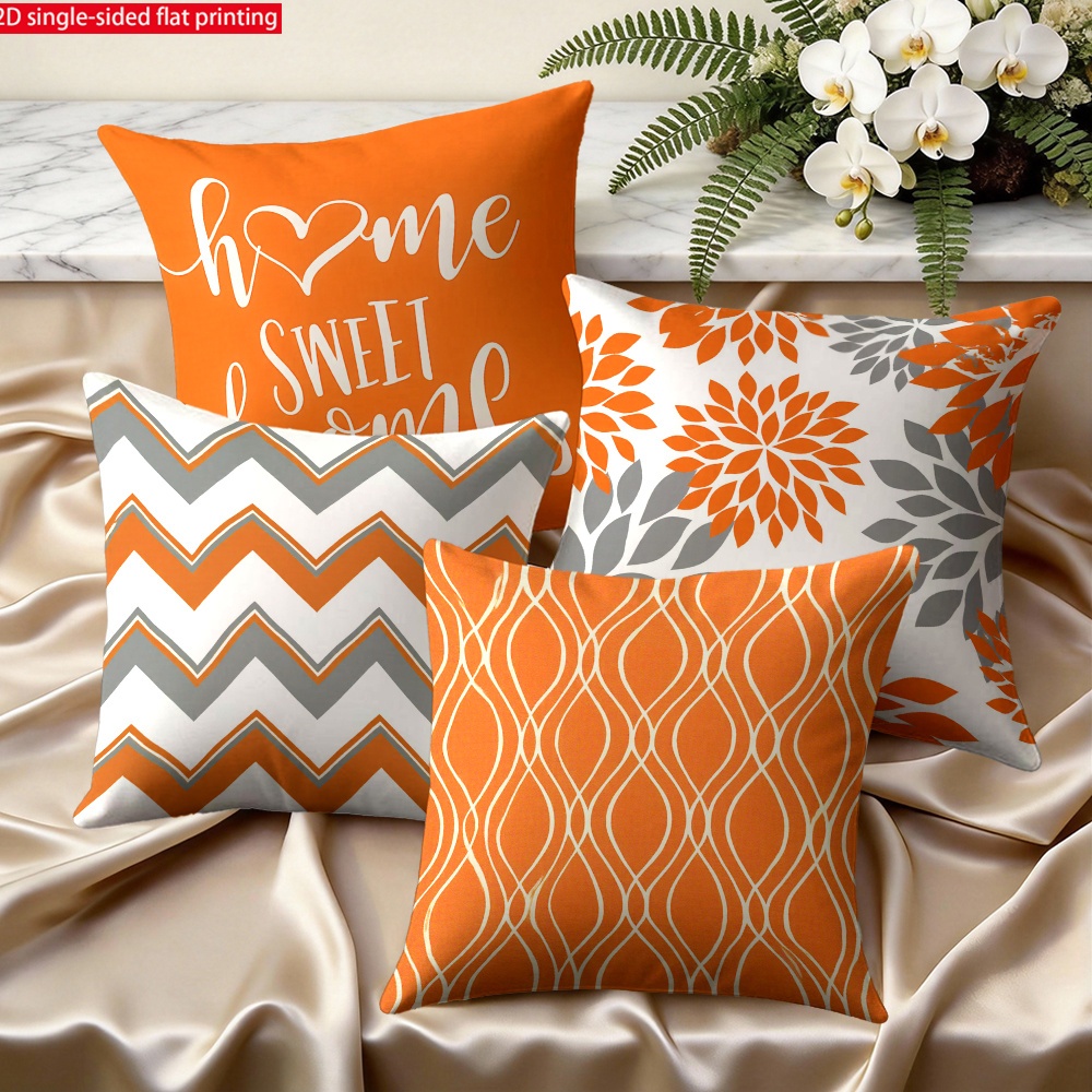 TEMU Parure de 4 taies d'oreiller série Orange d'automne, Housses de coussin décoratives à motif imprimé 2D de florales ondulées, Style moderne ,