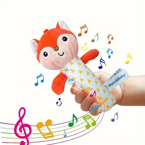 a baby music toy a soft plush fox with musical notes a durable polyester fiber car seat rattle suitable for nurseries and playtime designed for sensory development in babies mixed white red made from safe materials toddler
