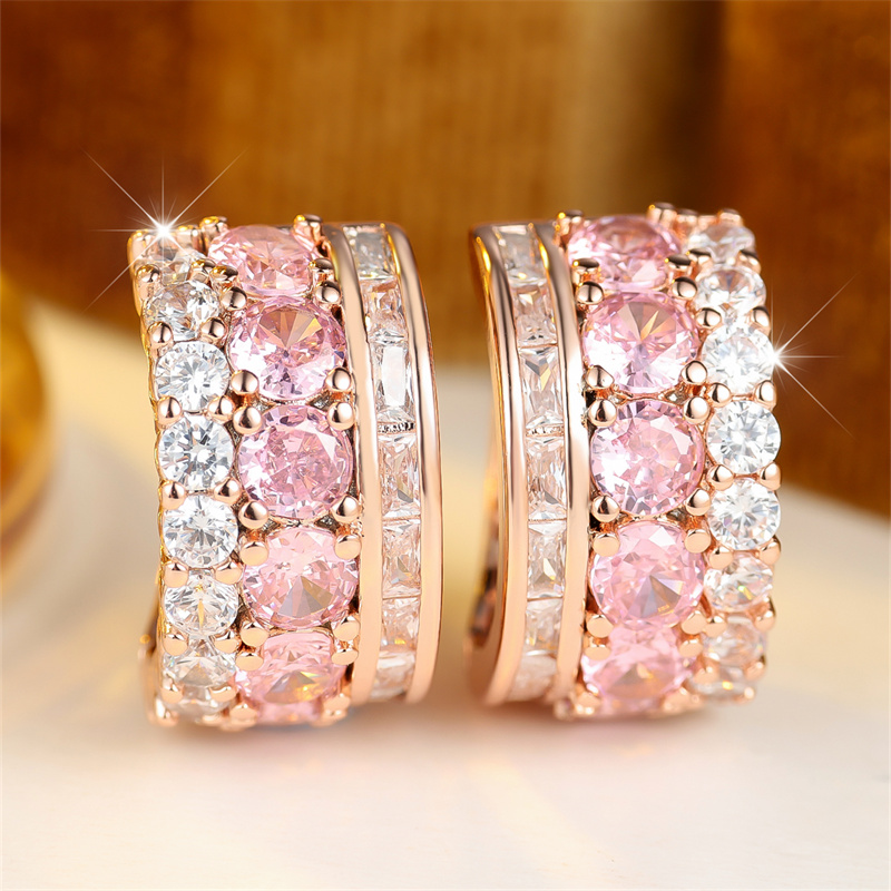 TEMU Un par de aretes de moda en con circonita cúbica sintética rosa de corte de , diseño de aro de para