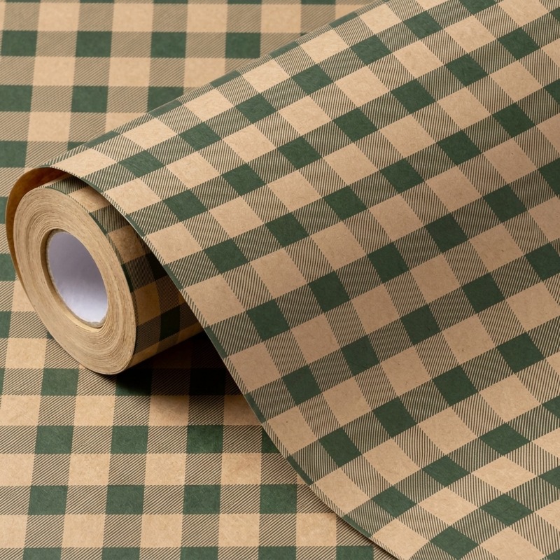 Image of 1 Roll Green & Wrapping Paper Roll - Rustic Checkered Gift Wrap, Eco-style Brown Paper With Dark , Farmhouse Holiday & Everyday Gift Wrapping For Christmas, Birthdays, Diy Crafts And Packaging