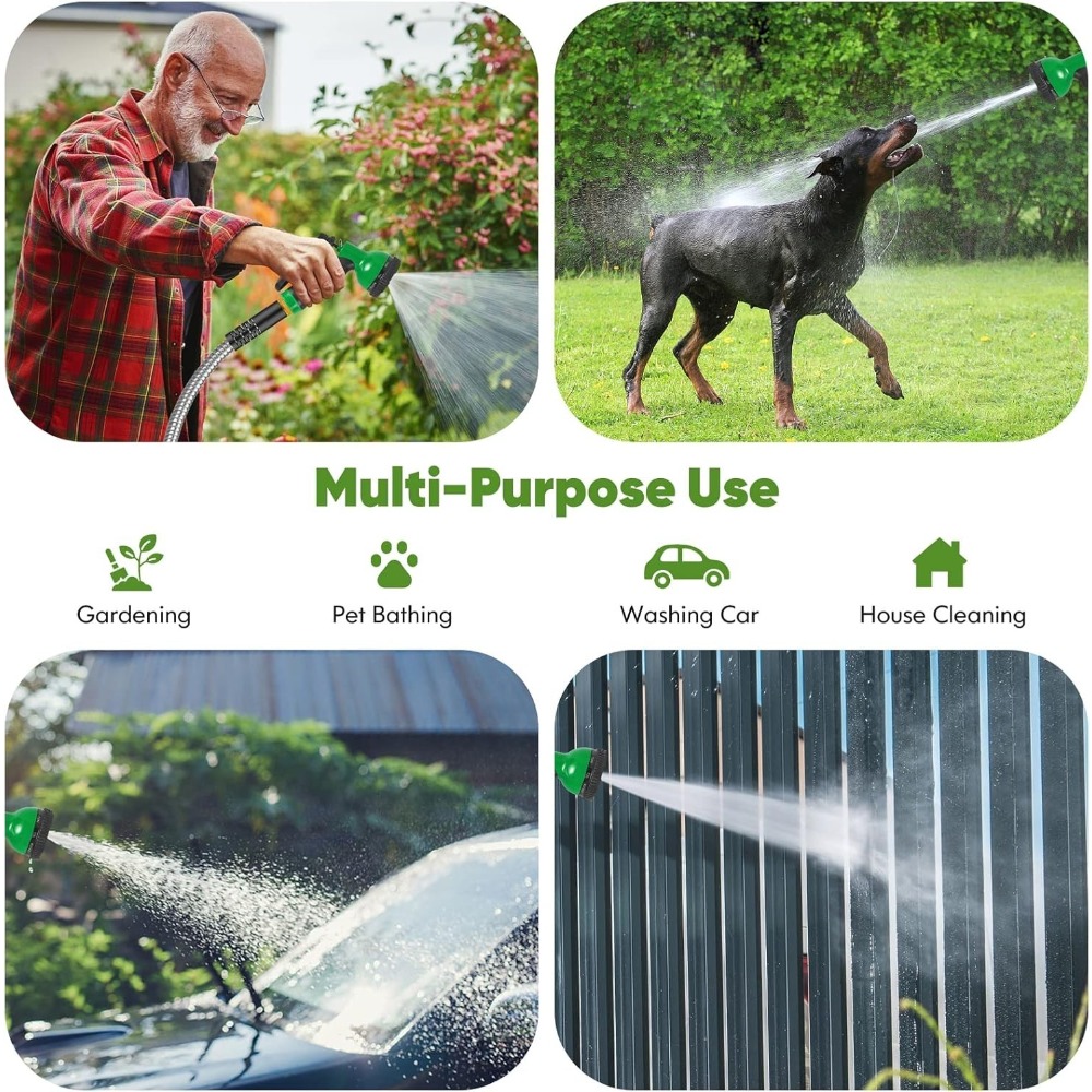 Heavy Duty 100ft/ 50ft Stainless Steel Water Hose with 10 Function Nozzle - Pet Safe High Garden Water Hose, Car Wash Water Hose, No Need to Worry About Pressure, Bend or Stretch, Durable and Break Resistant, with Portable and Wrap-Free Design