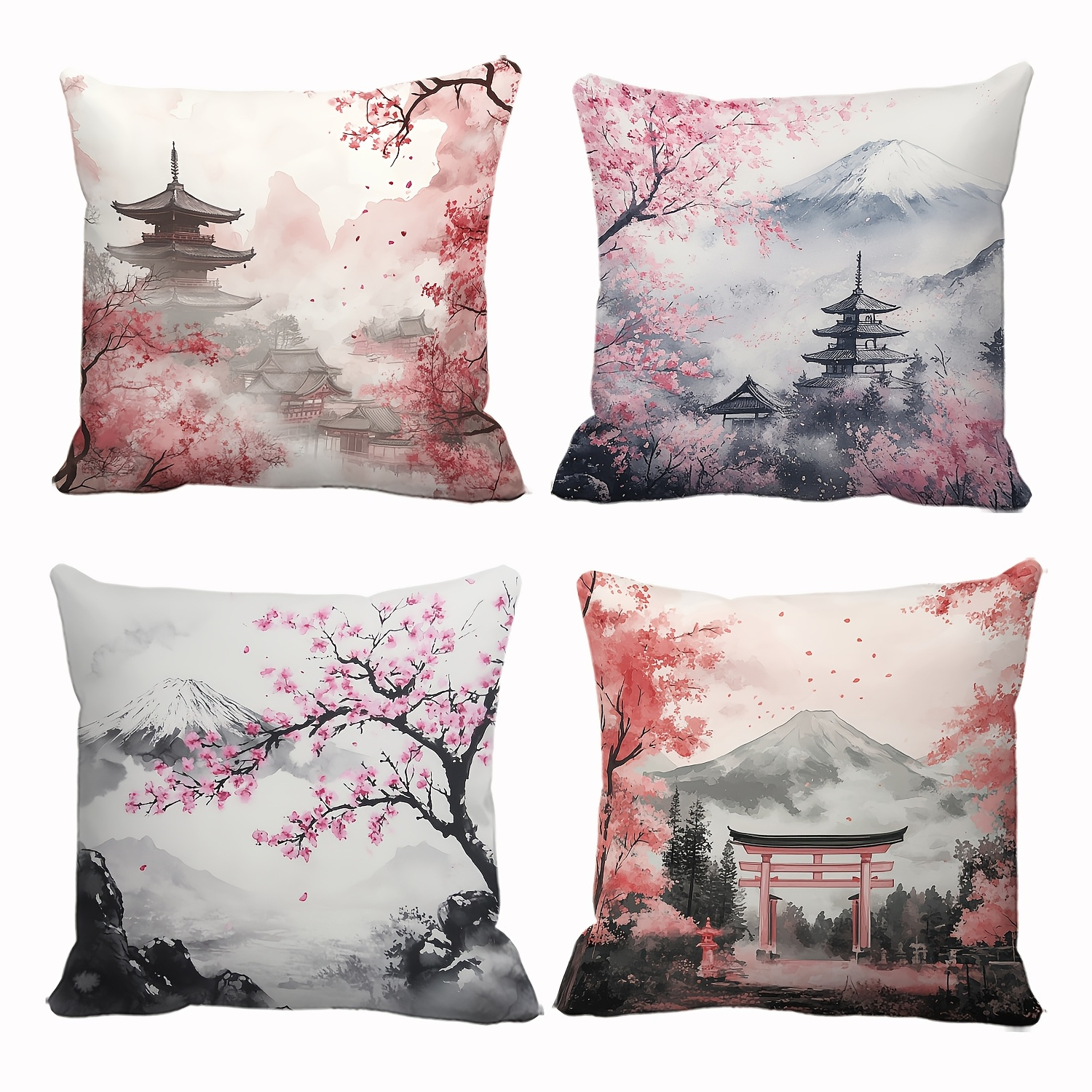 TEMU Set Of 4, Japanese Landscape Decorative Pillow Covers Featuring Patterns Of Cherry Blossoms, , And Traditional Architecture (such As Pagodas And