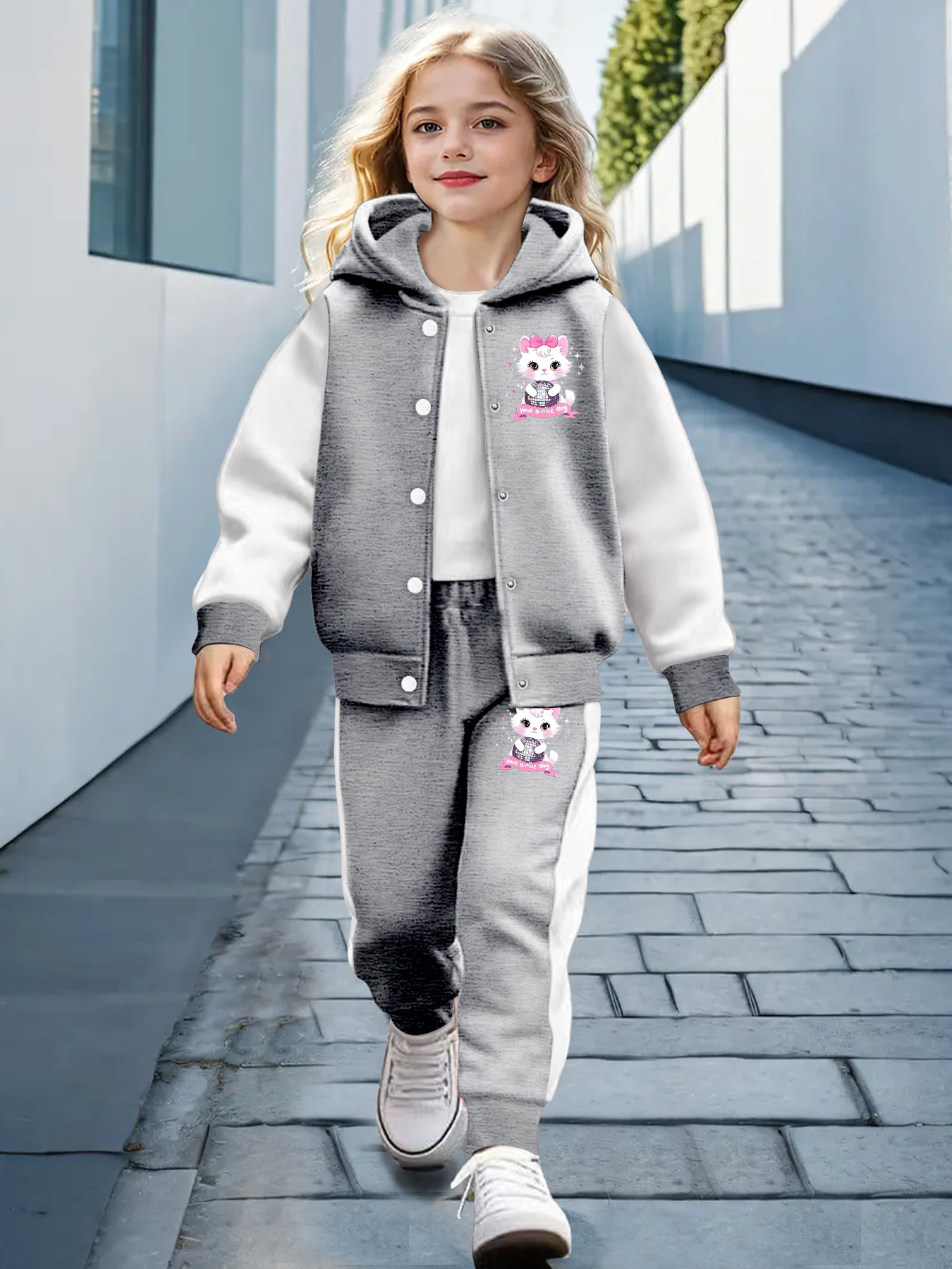 2pcs Cartoon Bow Girl Pattern Print Hooded Jacket and Sweatpants Set