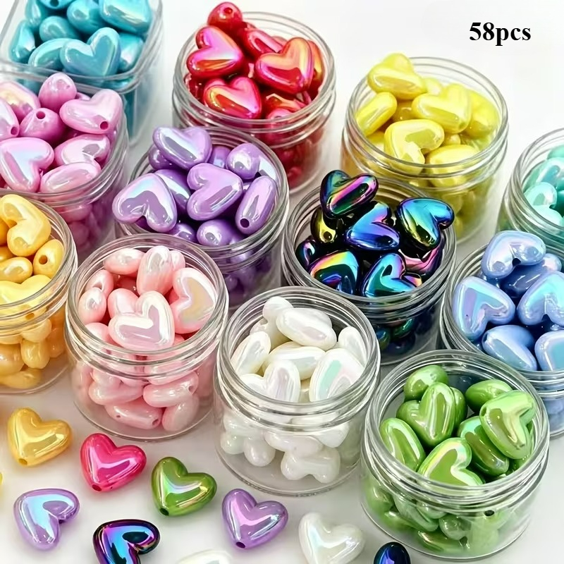 TEMU 58pcs Random Color Iridescent Electroplated Heart Acrylic Beads, 3d Plump Straight Hole Love With Ab Shine, Bracelet, Phone Charm, Bag Pendant