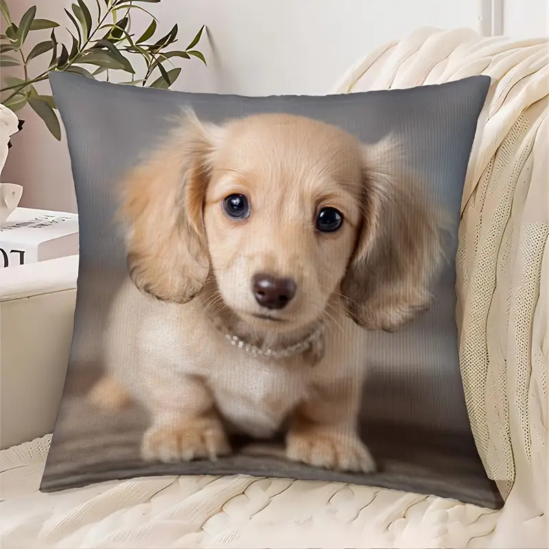 TEMU 1pc Cute Cream Long Dog Puppy Double-sided Printed Pillowcase, Zipper, Machine Washable- Suitable For Living Room, Bedroom, Sofa, And Party