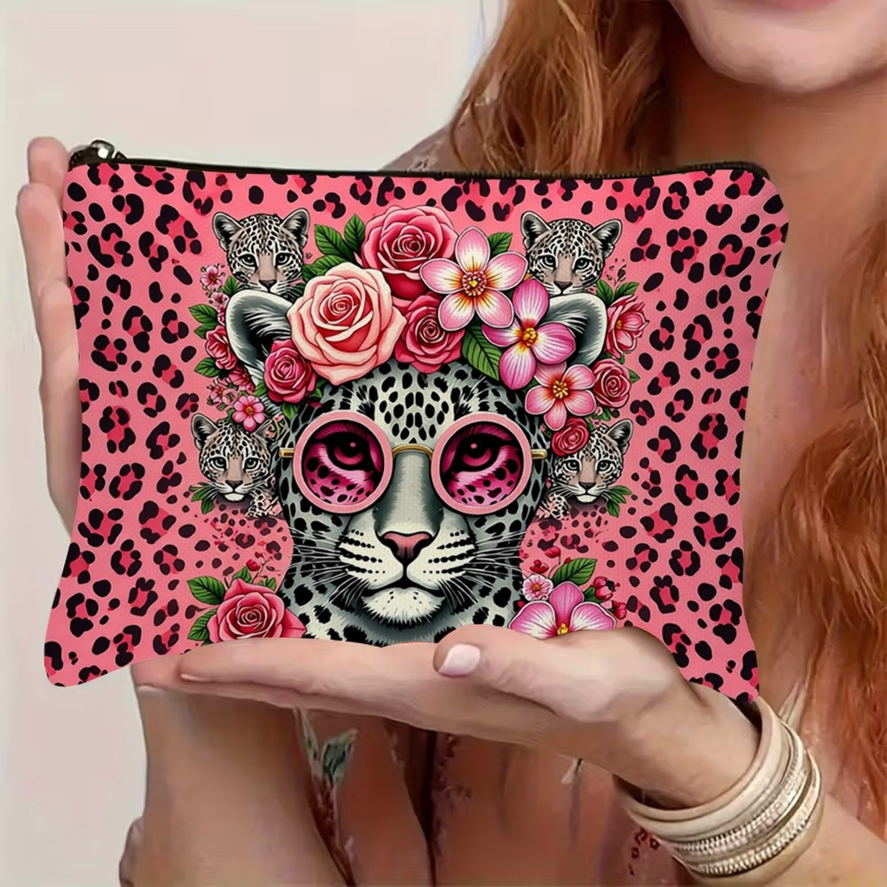 TEMU 1pc Pop Art Animal Portrait Makeup Bags - Leopard Floral Fashion Glasses Pink Vibrant Illustration Cute Pattern Toiletries Bags - Women's Bags