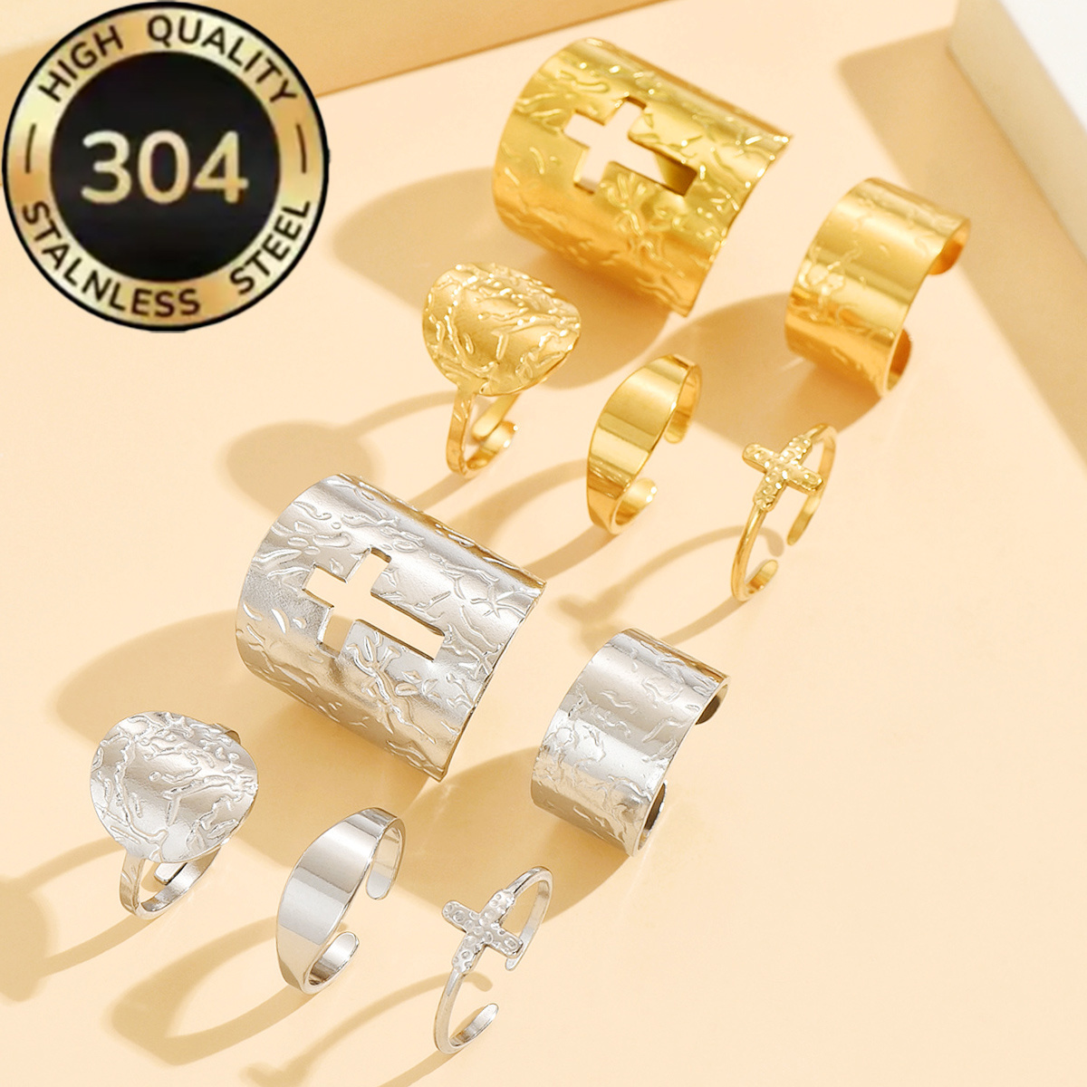 5pc Vintage-Style Open Rings with Irregular Geometric Shapes
