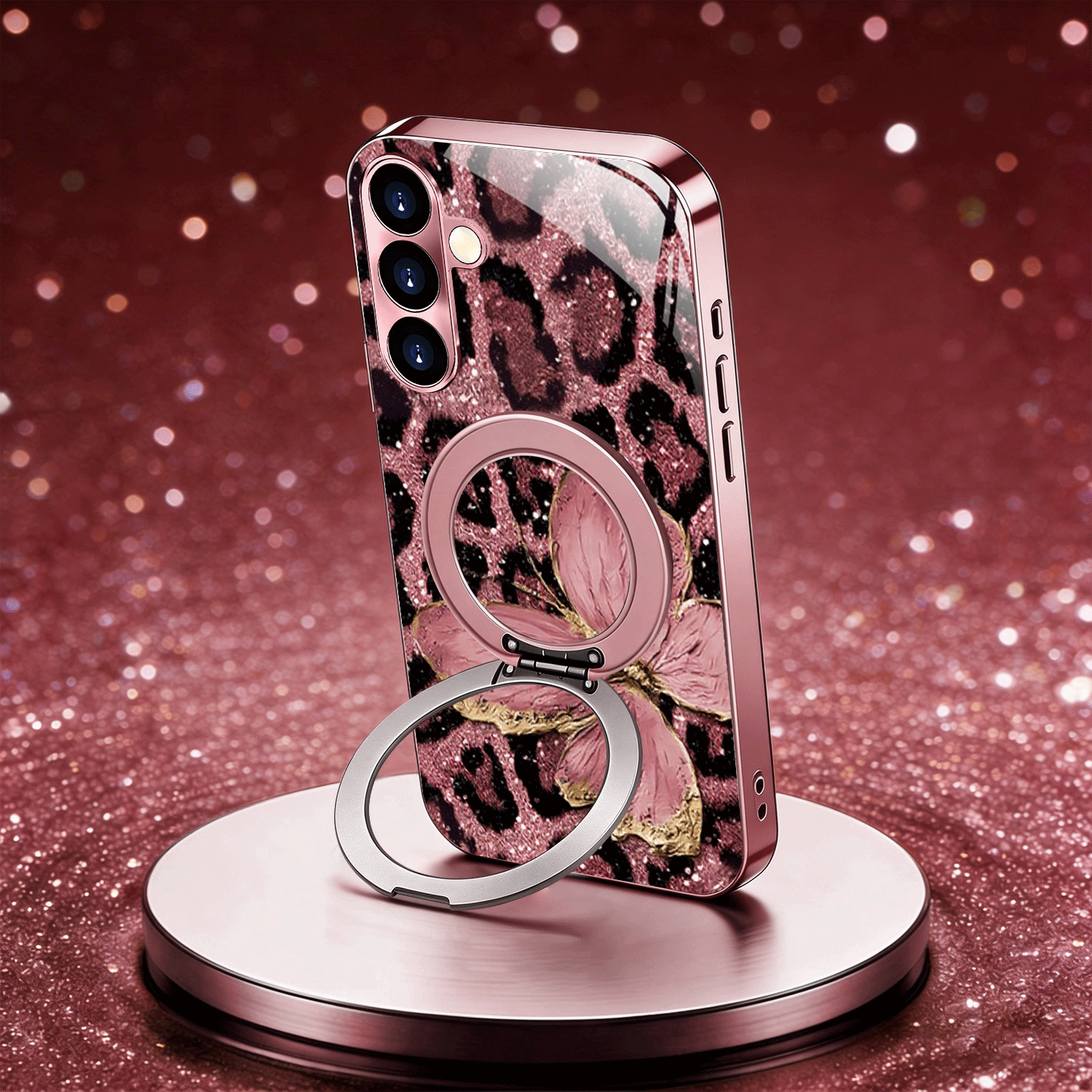 TEMU Phone Case - Leopard Print Pink Phone Case With 360Â° Rotating Metal Stand For S26 Ultra, S26 Plus, New Electroplated Pink Phone Case Cover,