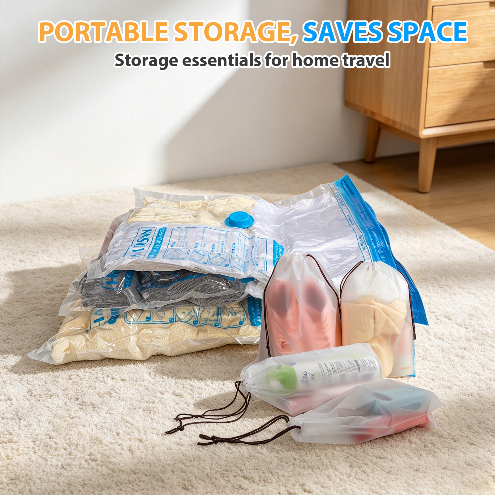 TEMU 16pcs Vacuum Storage Bags With Electric Pump Travel, 7 Small 6 Medium 3 Large Assorted Size Space Saver Bags + 4 Drawstring Pouches, Portable