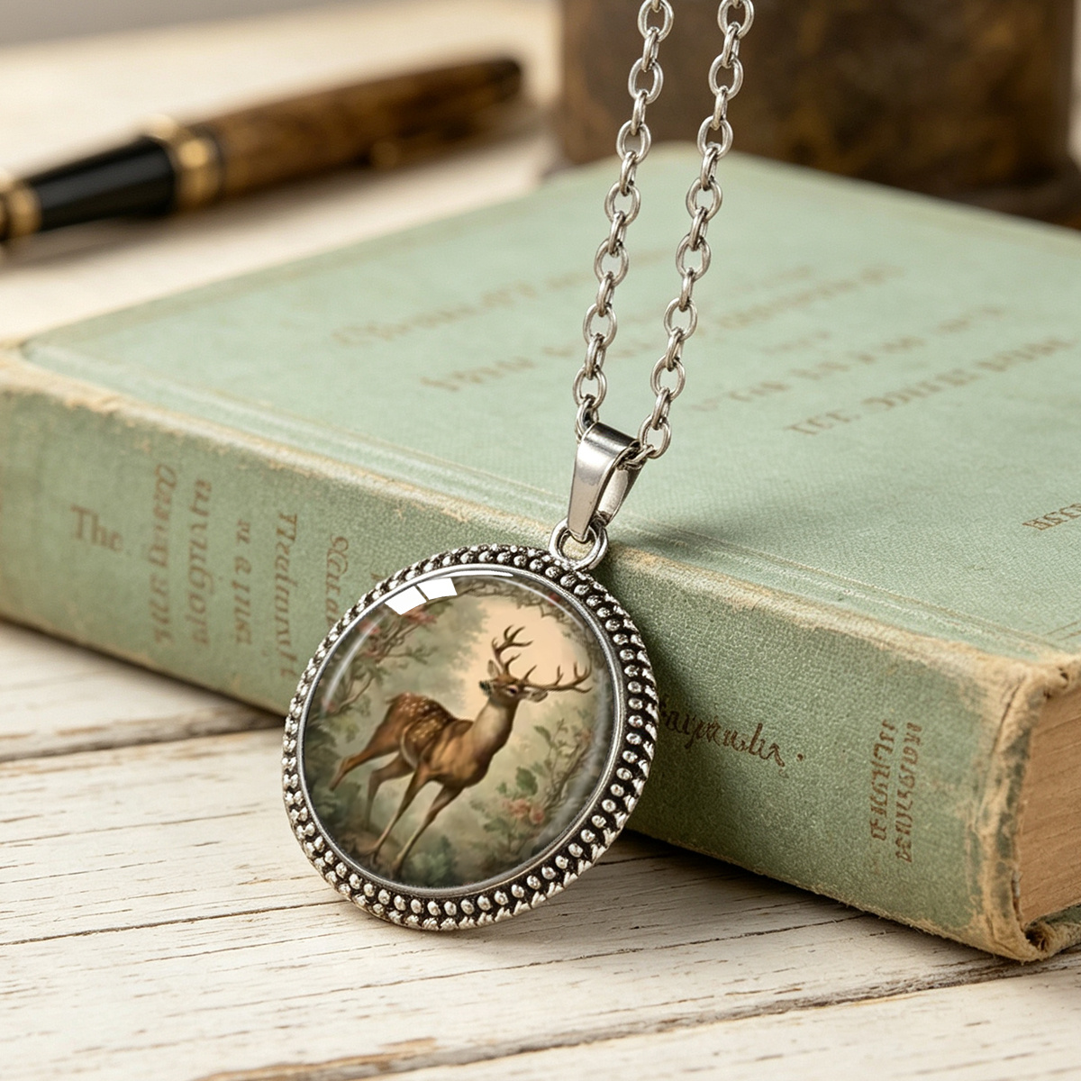 TEMU 1pc Vintage Forest Floral Spotted Stag Natural Scenery Pattern Round Pendant Necklace, Forest-inspired Artistic Necklace For Commuting And Daily