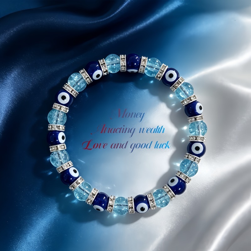 TEMU 1pc Bracelet Bohème Glace avec Œil Maléfique Marine, Perles Rondes, Fil Unique avec Écarteur, Cadeau pour Meilleure , Bijou Atmosphérique,