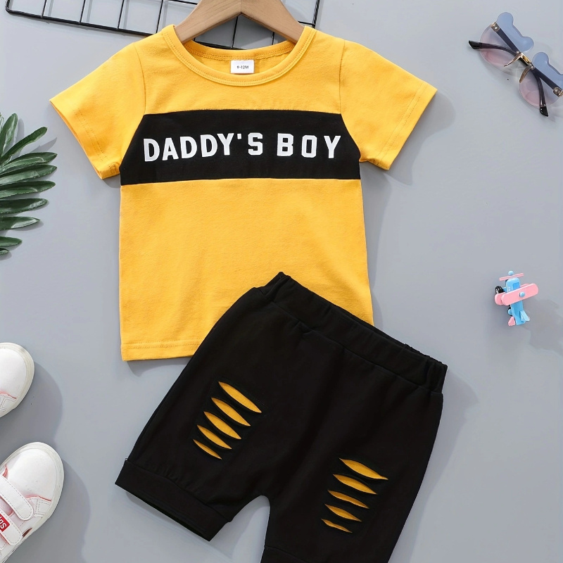 TEMU Baby Boy Clothes Casual Outfit - Letter Graphic Print T-shirt & Ripped Shorts - Outdoor Play Daddy' Printed Toddler Boy Clothes