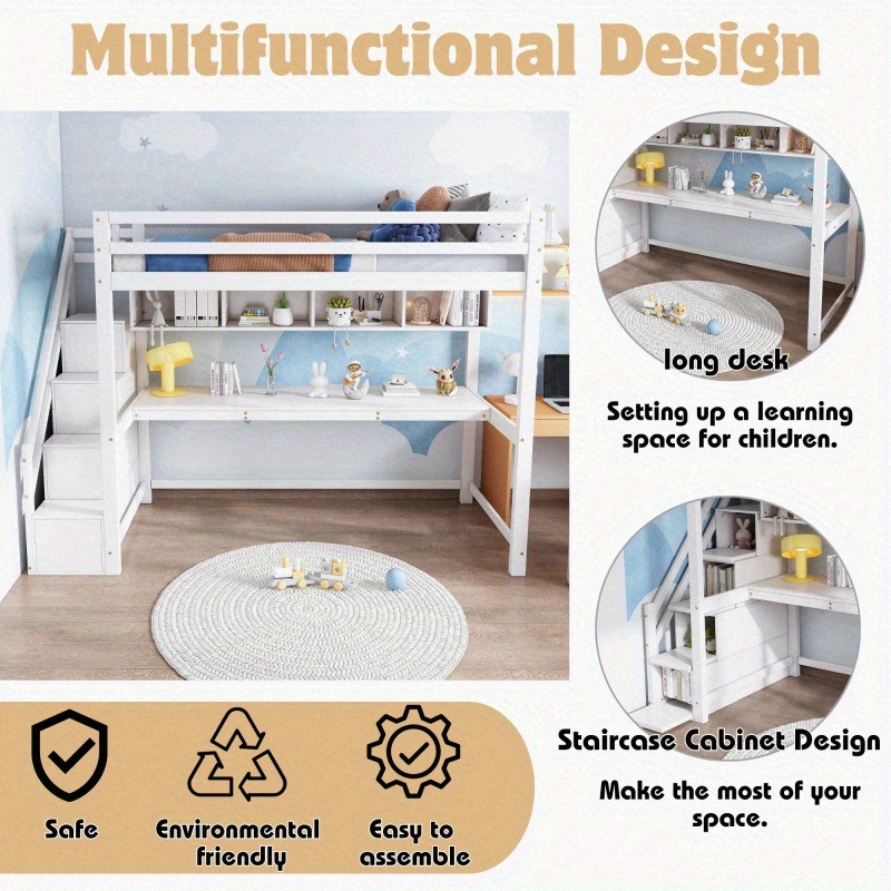 Wooden Bunk Bed 90190cm Loft Bed with Storage Stairs Made of Pine Wood Bed with Large Desk and Sheets with Slatted Frame White