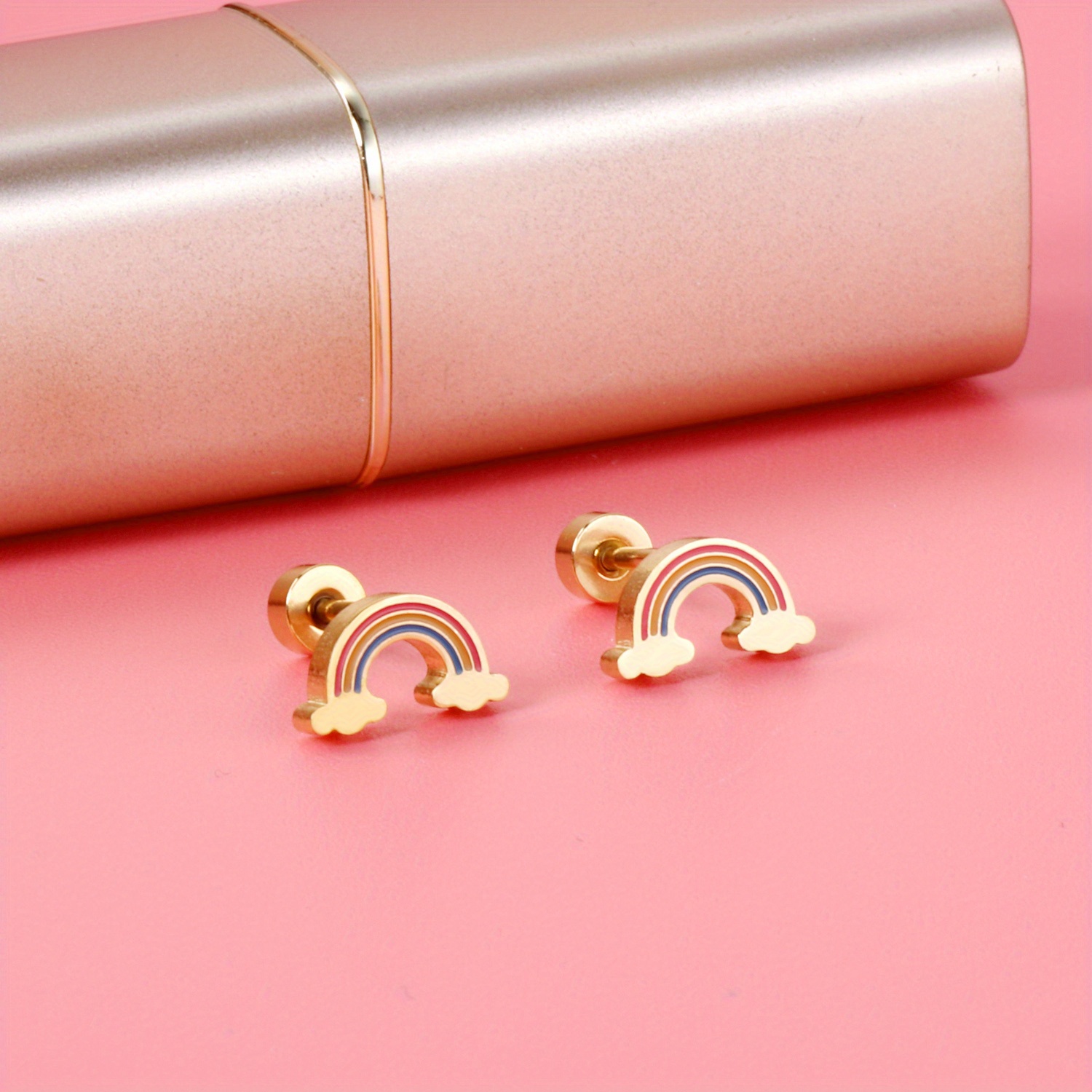 Rainbow Cloud Stud Earrings Golden Tone Colorful Women Wedding