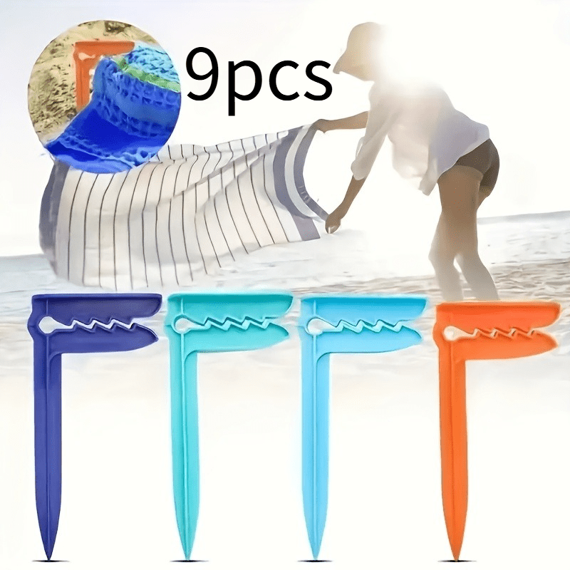 Outdoor Anchor Stakes Clips, Picnic Blanket Holder Beach Towel Sand Pegs, 9pcs, For Picnic Blankets Beach Towels And Camping, Picnic Essentials Random Color Non-food Direct Contact