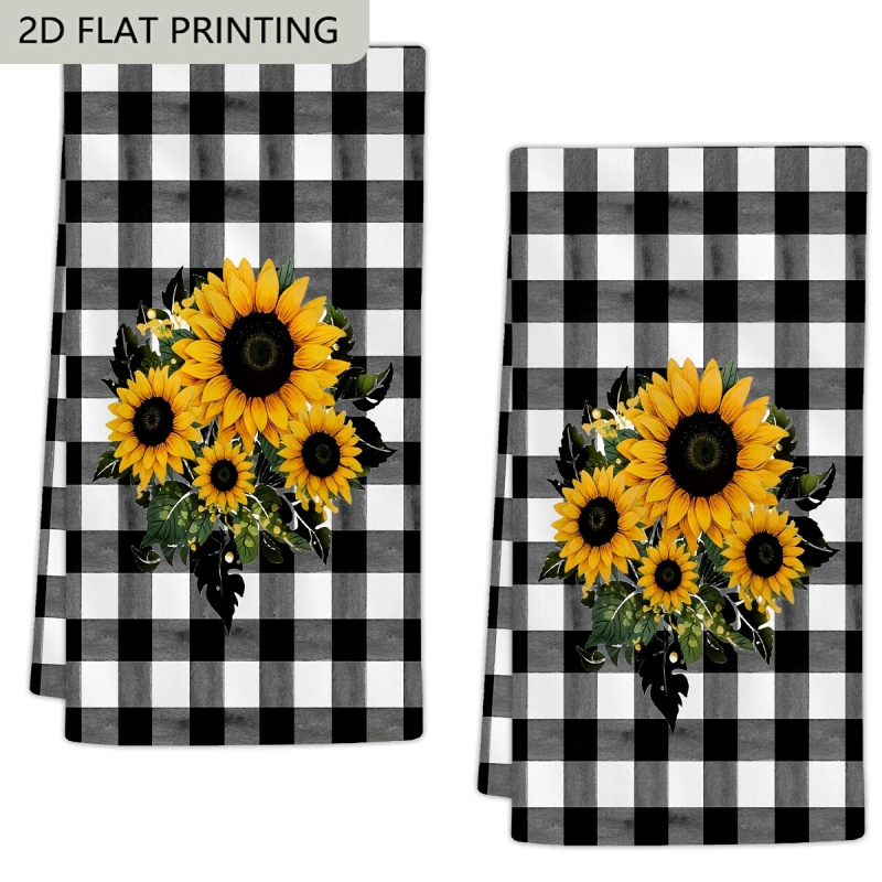 TEMU 2pcs Set Of Spring/summer Kitchen Dish Towels, 16 X 24 Inches, Microfiber Material, Absorbent And Quick-drying, Plaid Sunflower Printed Kitchen