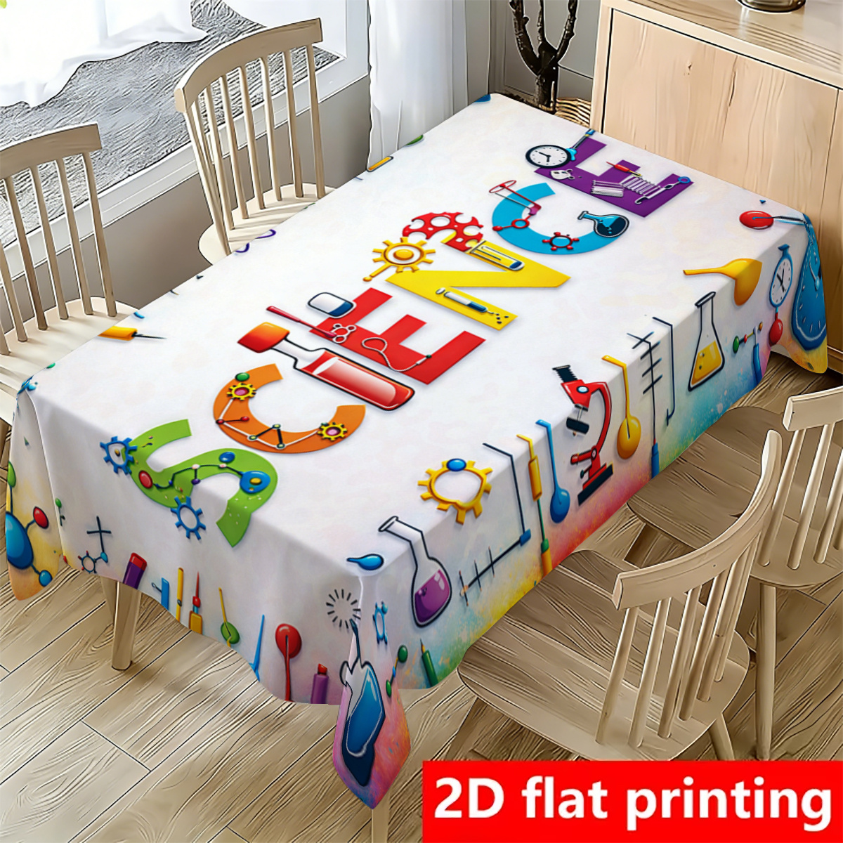 TEMU 2d Flat 1pc Party Tablecloth, Colorful Science Theme Pattern With Microscope Test Tubes Atomic Structure Gears Elements Rectangular Tablecloth,