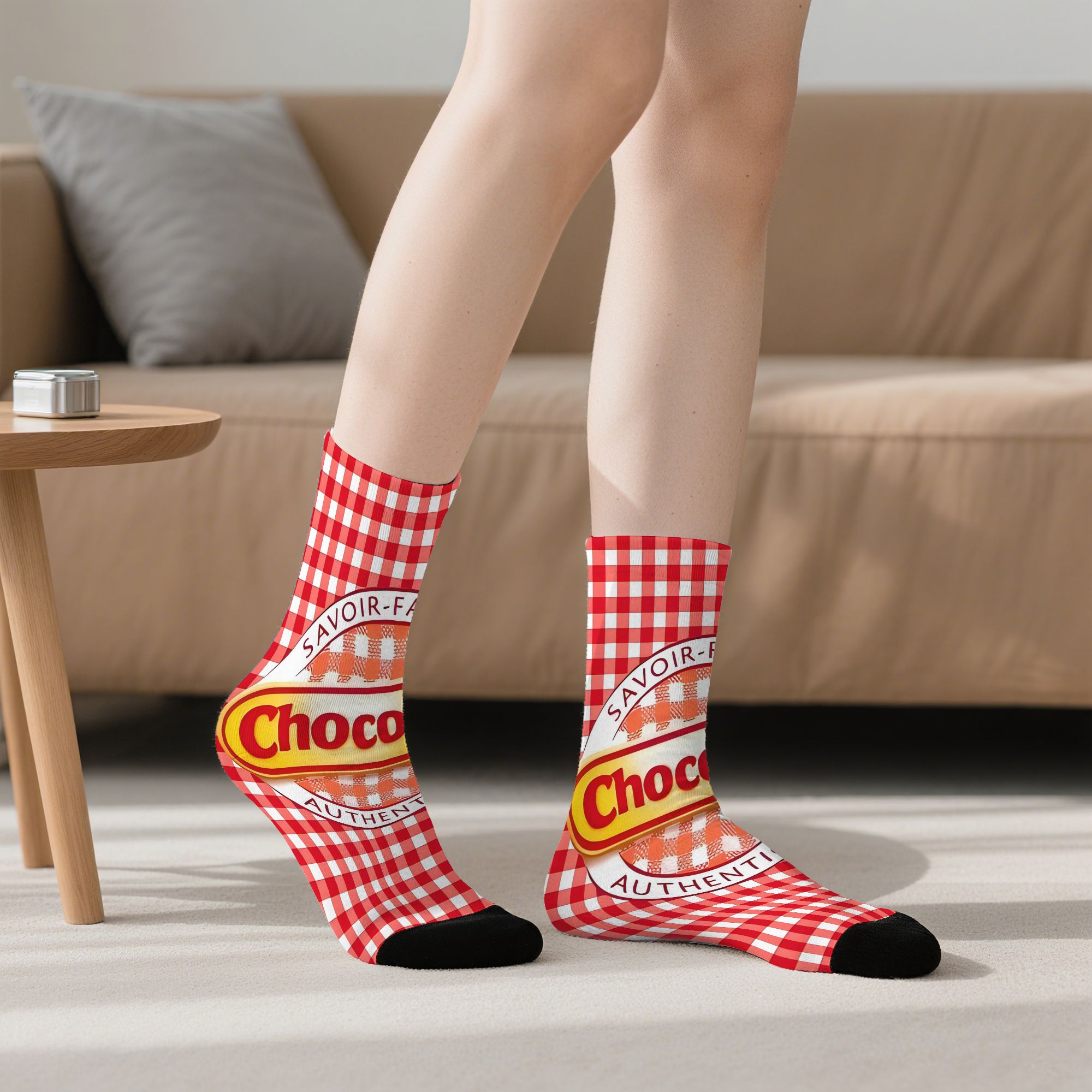 TEMU Chaussettes avec logo Choconou imprimé sur un motif à carreaux rouges et , cadeau amusant et fantaisie