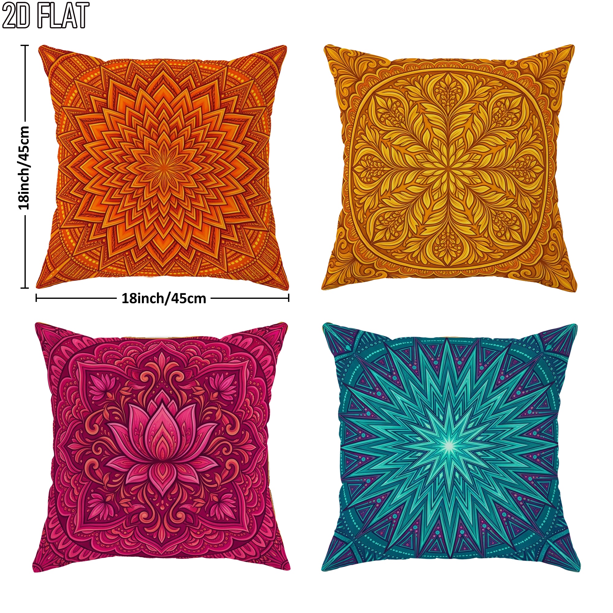 TEMU 2d Flat 4pcs Bohemian Mandala Floral Throw Pillow Covers Orange Turquoise Decorative Pillowcases 1 Sided Printing For Living Room Bedroom Sofa