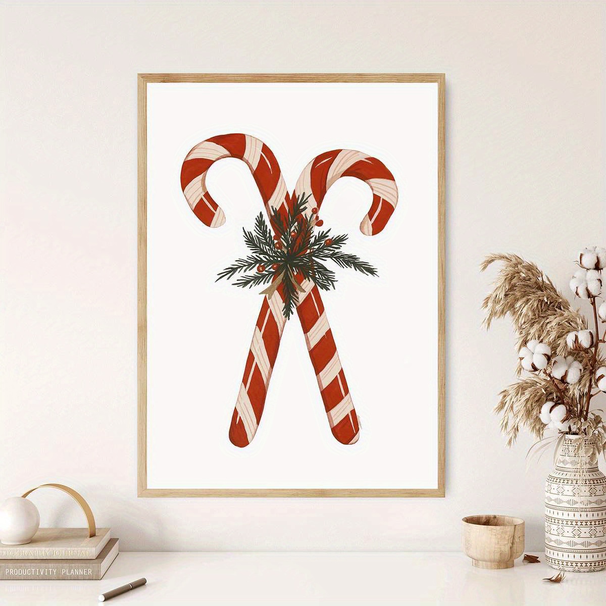 TEMU Candy Cane Akvarell Veggkunst Plakat - Moderne Horisontal Stripet Candy Cane for, Soverom, Kontor - Uinnrammet Lerretstrykk, Høytidsdekor (,