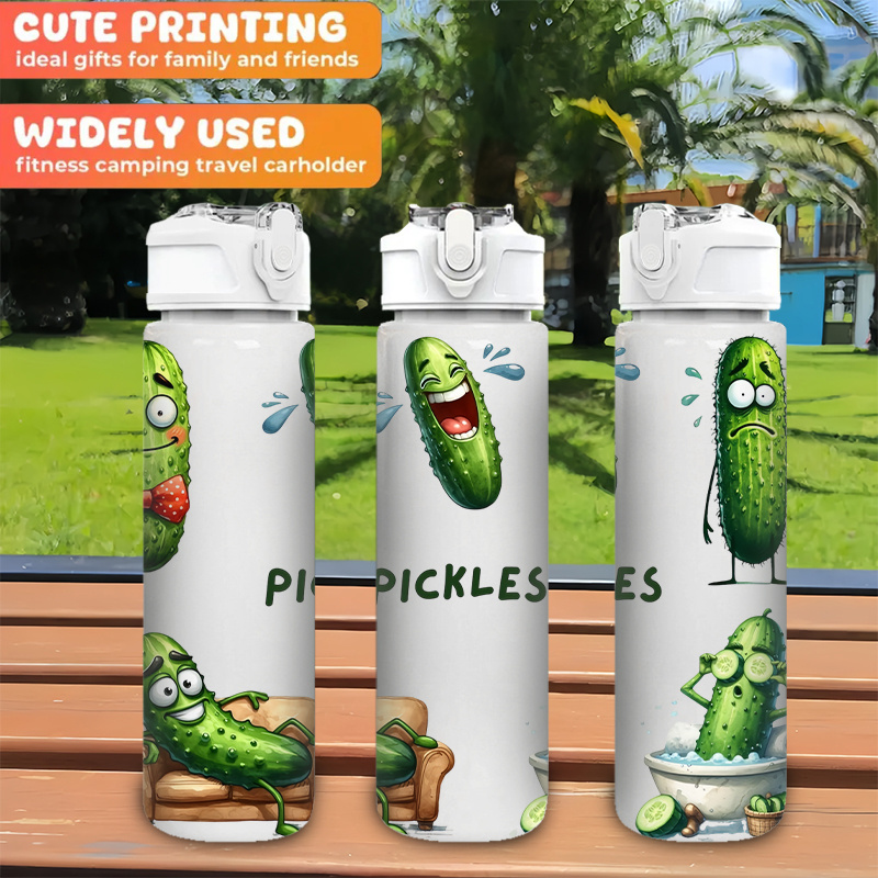 TEMU 1pc Pickled Cucumber Shaped 750ml 26oz Plastic Sports Water Bottle, Cute Printed Design, Leak-proof With Pop-up Lid, Ideal For Outdoor Sports,