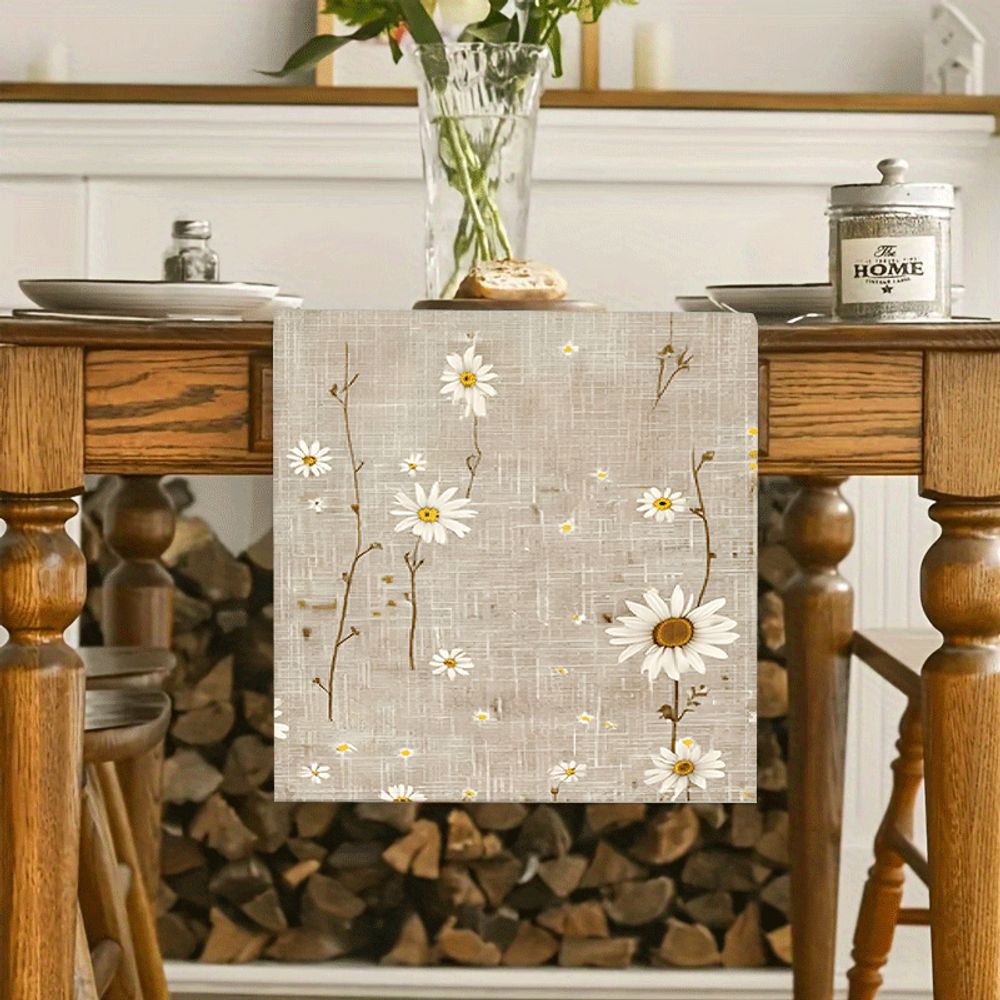 1pc Linen Table Runner, Daisy Pastoral Style 2d Printed Table Runner, Kitchen And Dining Room Decor, Suitable For Farm Birthday Party Decoration Home Kitchen Table Protection Rectangular