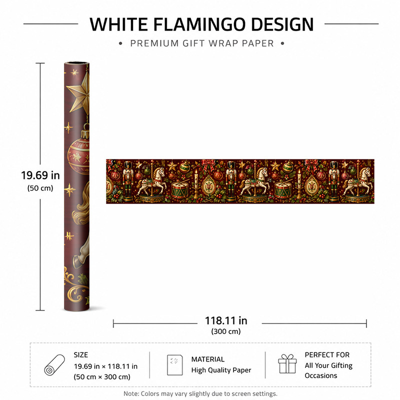 TEMU Papier Cadeau de Noël Élégant 2D Plat, 1 Rouleau 50x300cm (19.7x118.1in), Papier d'Emballage Cadeau d'Hiver des Fêtes avec Casse- et Ornements
