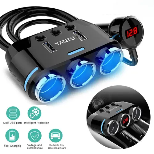 150w car car plug adapter 3 socket splitter 12v usb outlet dual usb charger on off switches