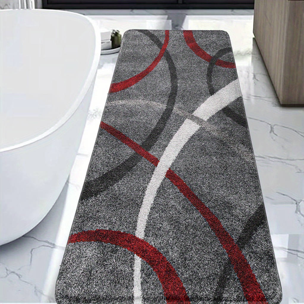 TEMU 1pc Gray Red Black White Curve Print Rectangular Bathroom Non-slip Mat, Modern Minimalist Style 1cm Thick-foldable Faux Cashmere Rug With Tpr