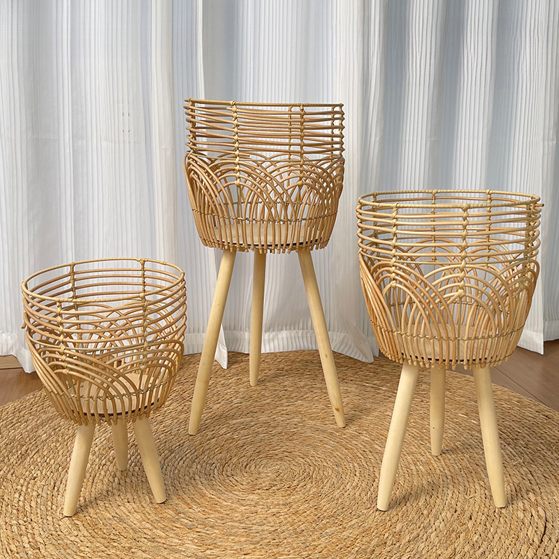 3pcs/1pc Rattan Plant Stand with Wooden Legs - Boho Floor Plant Pot Holder, Handwoven Wicker Basket Planter for Living Room & Balcony Decor | Only Plant Stand Gardening Gift,home Decor