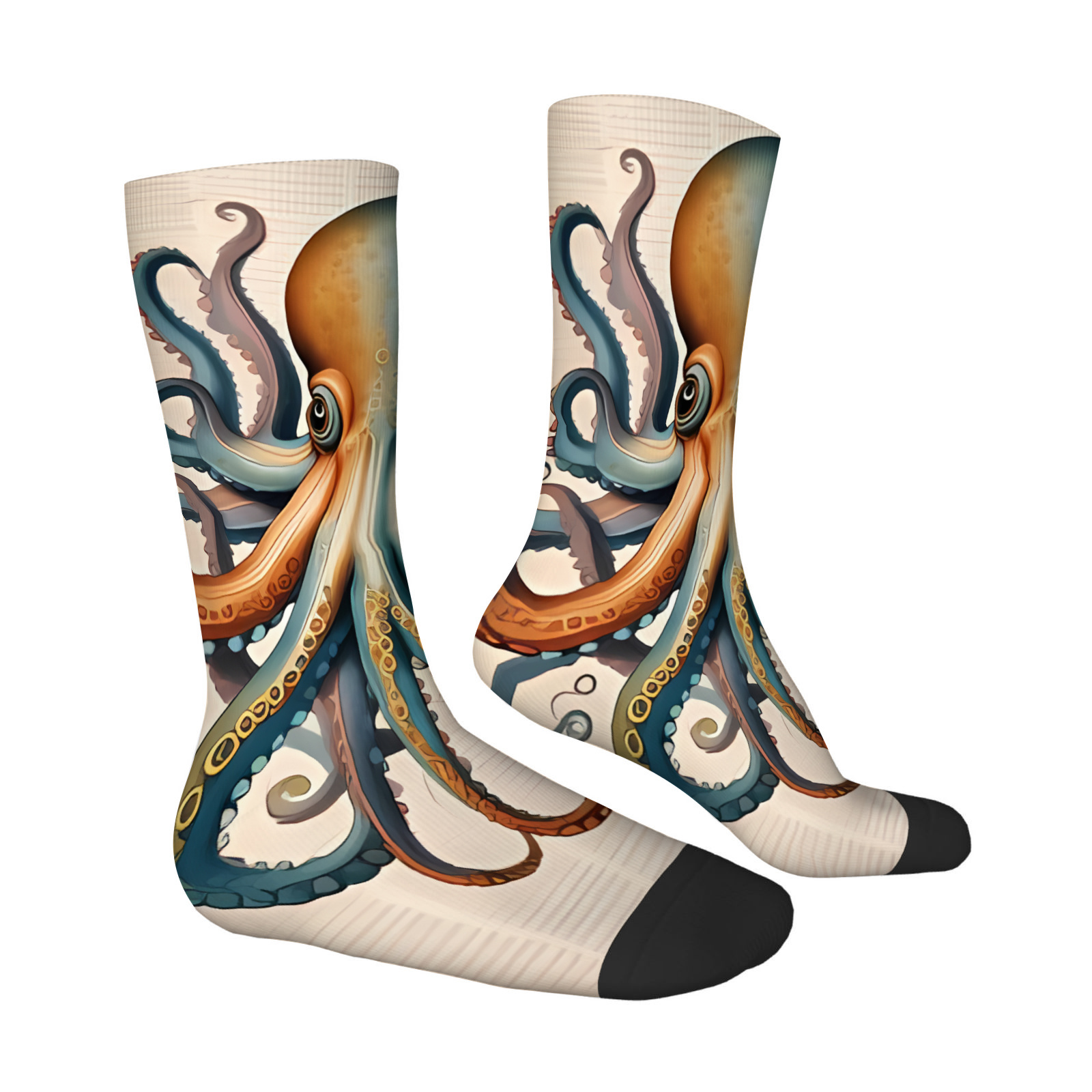 TEMU 1 Pair Octopus Print Men's Mid-calf Socks, Artistic Vintage, Quirky Nautical, Fashionable Trendy, Slightly Stretchy, Casual Comfortable