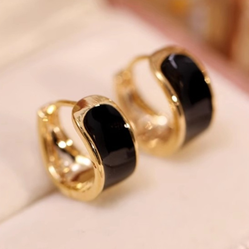 Image of 1 Pair Elegant Minimalist Earrings - Golden-tone Kc Golden Plated, Matte Black Center, Everyday & Party Jewelry For , Formal/casual Events - Versatile Earrings