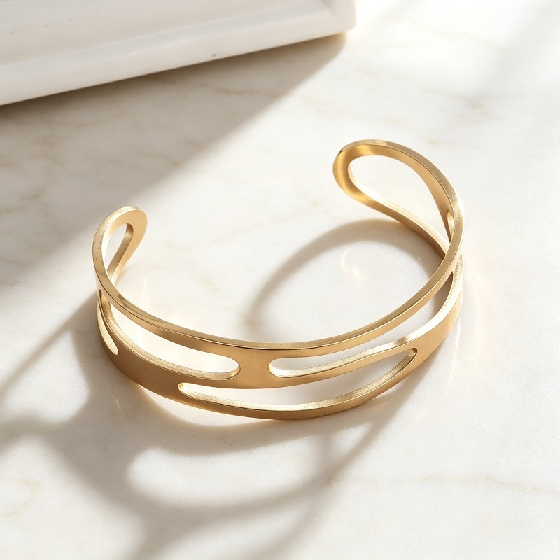 1pc Double-Layer Hollow Minimalist Stainless Steel Open Bangle