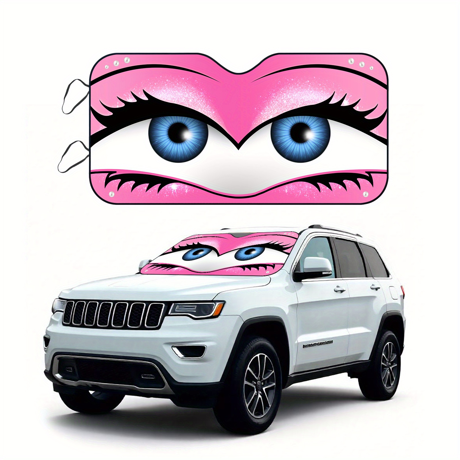 TEMU 1pc Sunshade With Vibrant Pink Glitter Eyelash & Blue - Foldable Car Hood Cover For Uv Protection & Heat Dissipation, Automotive Interior Accessories, Vehicle Sun Protection