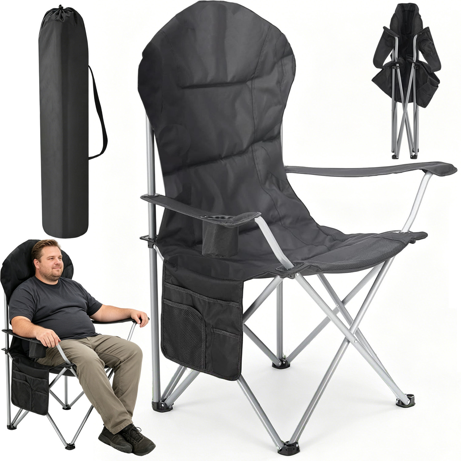 Image of Foldable Camping Chair With Armrest, Side Cup Holder And Storage Pockets For Fishing Picnic Outdoor Use