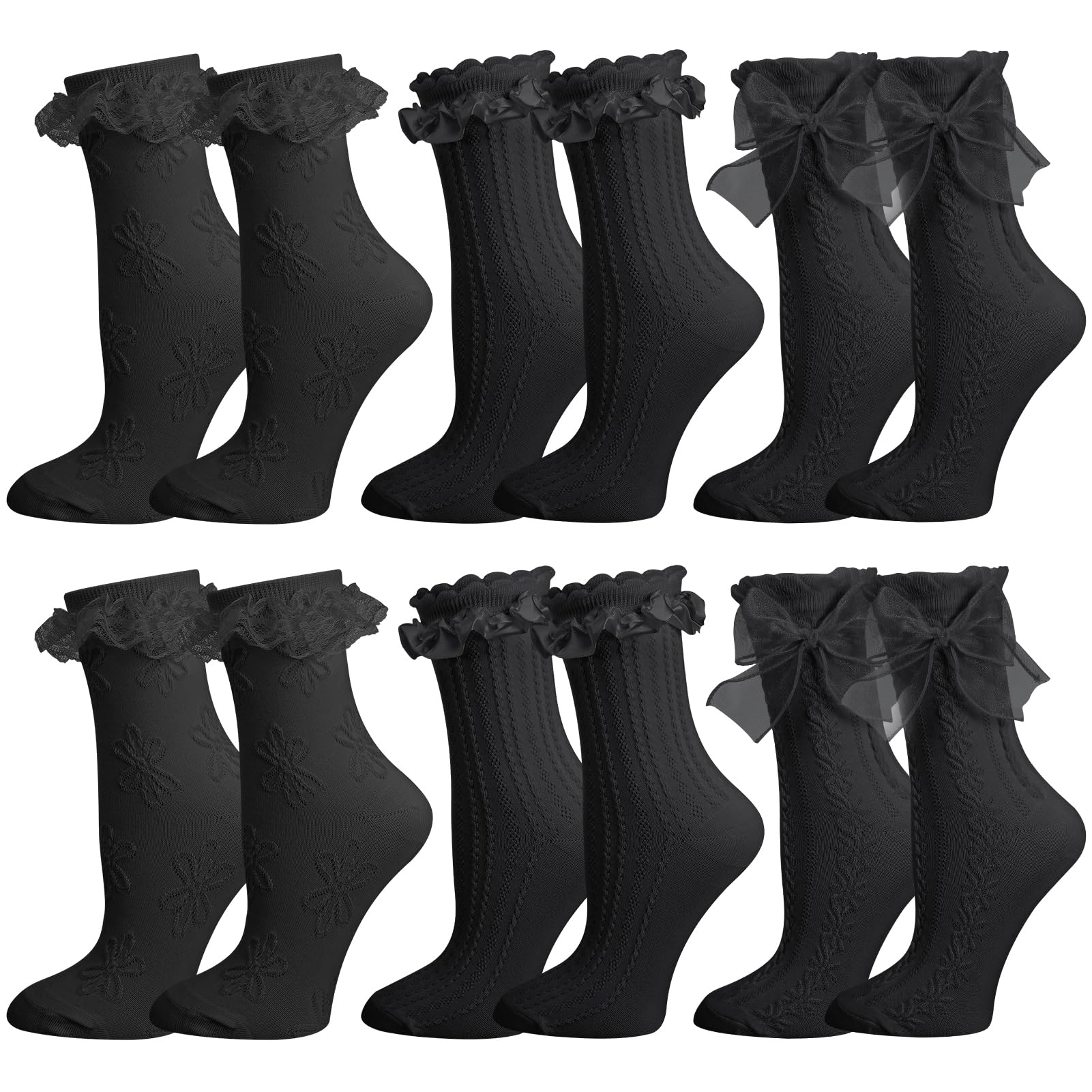 TEMU Pack de 6 de calcetines de encaje con volantes para mujer, blancos y negros - Calcetines de media pantorrilla para y verano, adecuados para uso