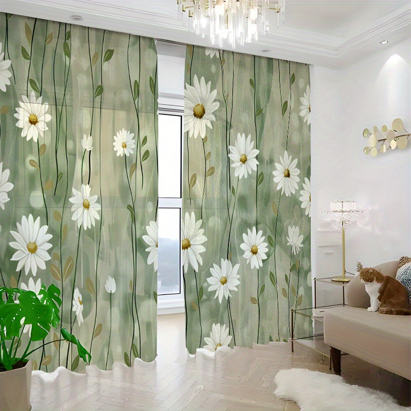 TEMU Home, Gift-, Holiday Theme, Wedding Decorations, 2pcs Semi-transparent Sheer Curtains With Fresh Country Style Daisy And Green Leaf Print,