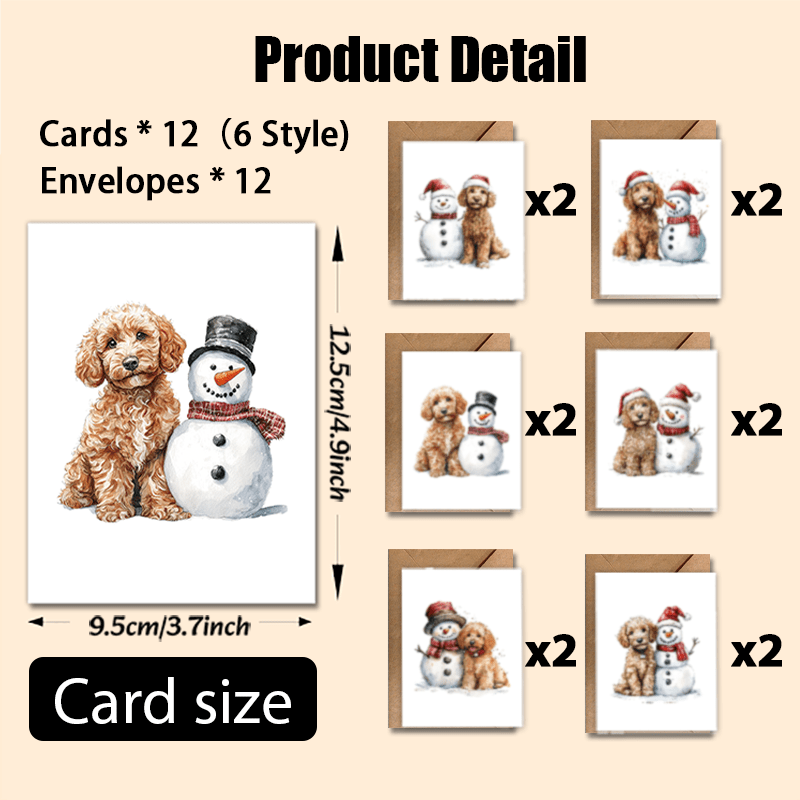 TEMU 12pcs Of Christmas Greeting Cards With 12 Envelopes, Featuring A Goldendoodle And A Snowman, Family, , Birthdays, And As Gifts For Christmas And