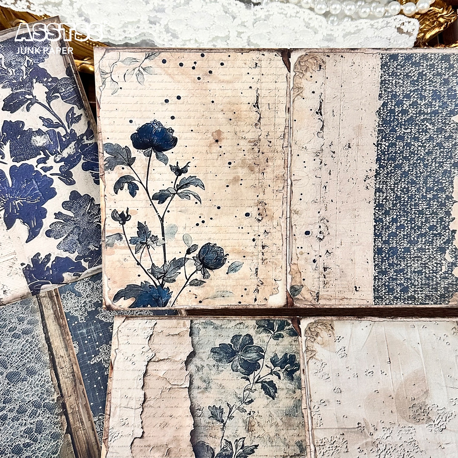TEMU ASSTSS Bloc de papel de collage floral azul vintage A5 de 20 hojas, adecuado para diarios de DIY, scrapbooking, de tarjetas, hojas de para
