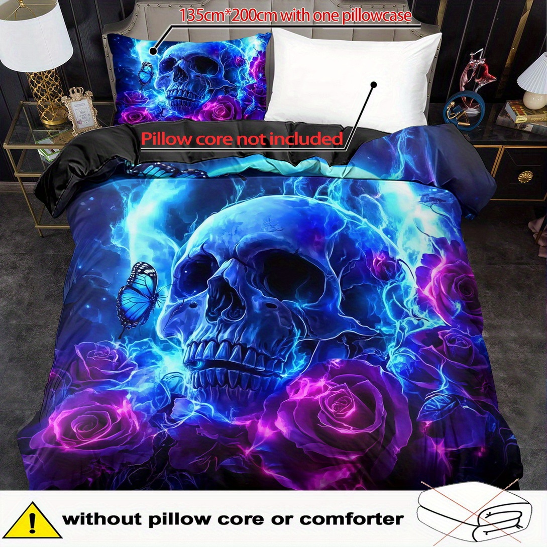 E-shop 2/ 3-tlg. Bettbezug-Set, Fantasie-Bettbezug-Set mit blauem Totenkopf-Druck, Bettwäsche im King-Queen-Stil, maschinenwaschbar aus Polyester,