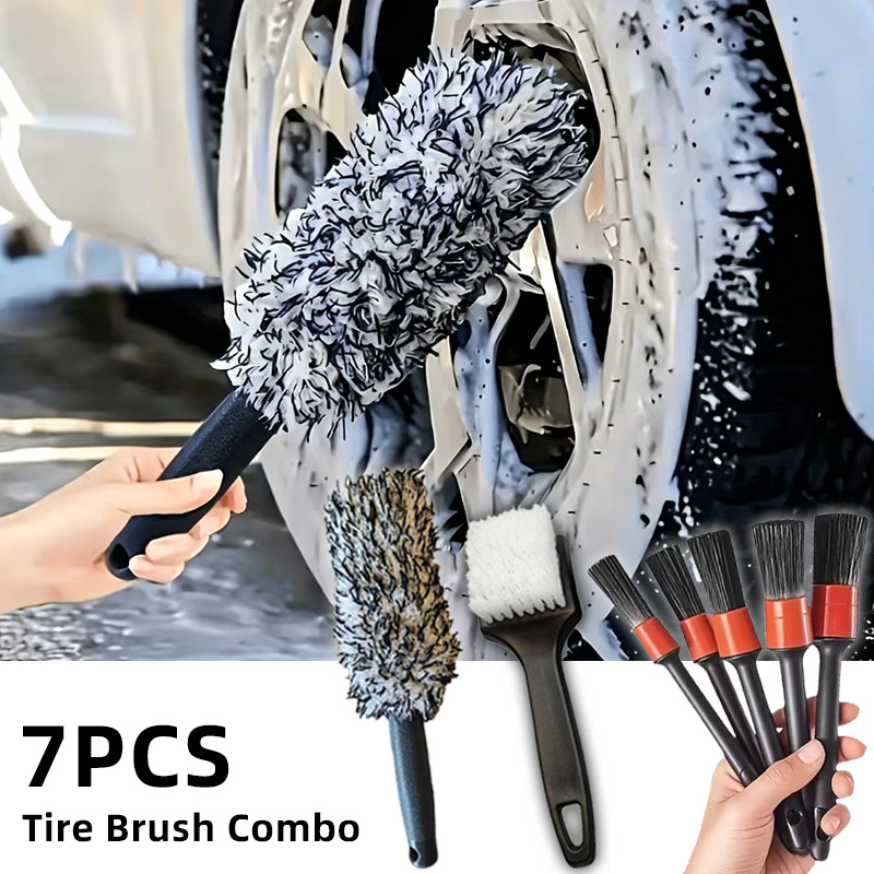 TEMU 7pcs, Long Handled Fiber Plush Car Tire Cleaning Brush, Heavy-duty Fiber Brush With Ergonomic Handle, Used For Deep Cleaning, Rust Removal, And