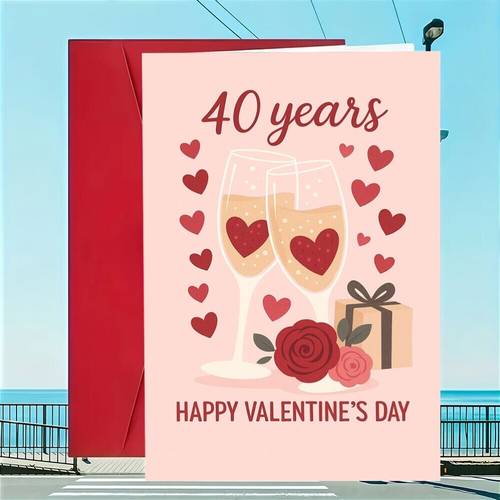 샴페인 잔과 장미가 있는 40주년 기념 발렌타인데이 카드 1개 | 오랜 사랑의 기념일을 축하하는 커플을 위한 완벽한 선물, 그에게나 그녀에게 주는 로맨틱한 선물, 봉투 포함