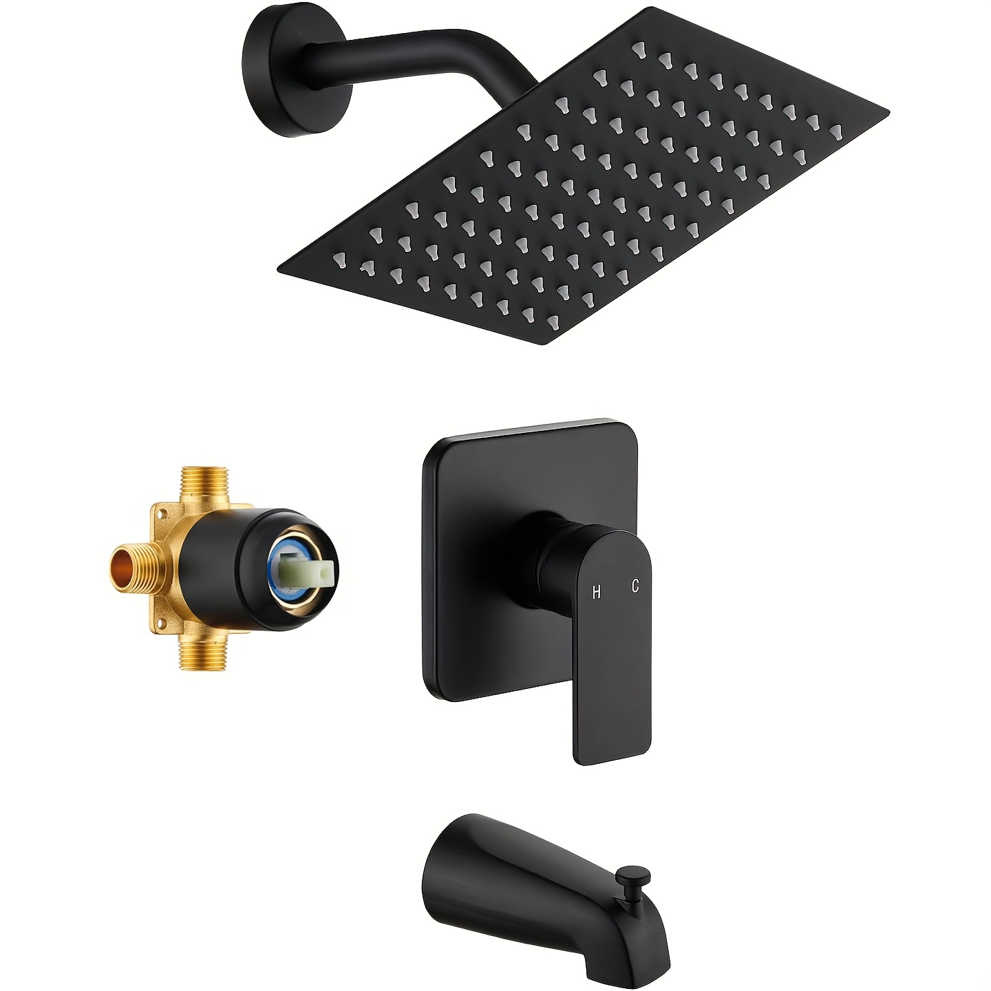 TEMU Complete Black Tub And Shower Faucet Set Featuring An 8-inch Shower Head And Included Tub Spout, Along With A Shower Valve And Trim Kit In Matte