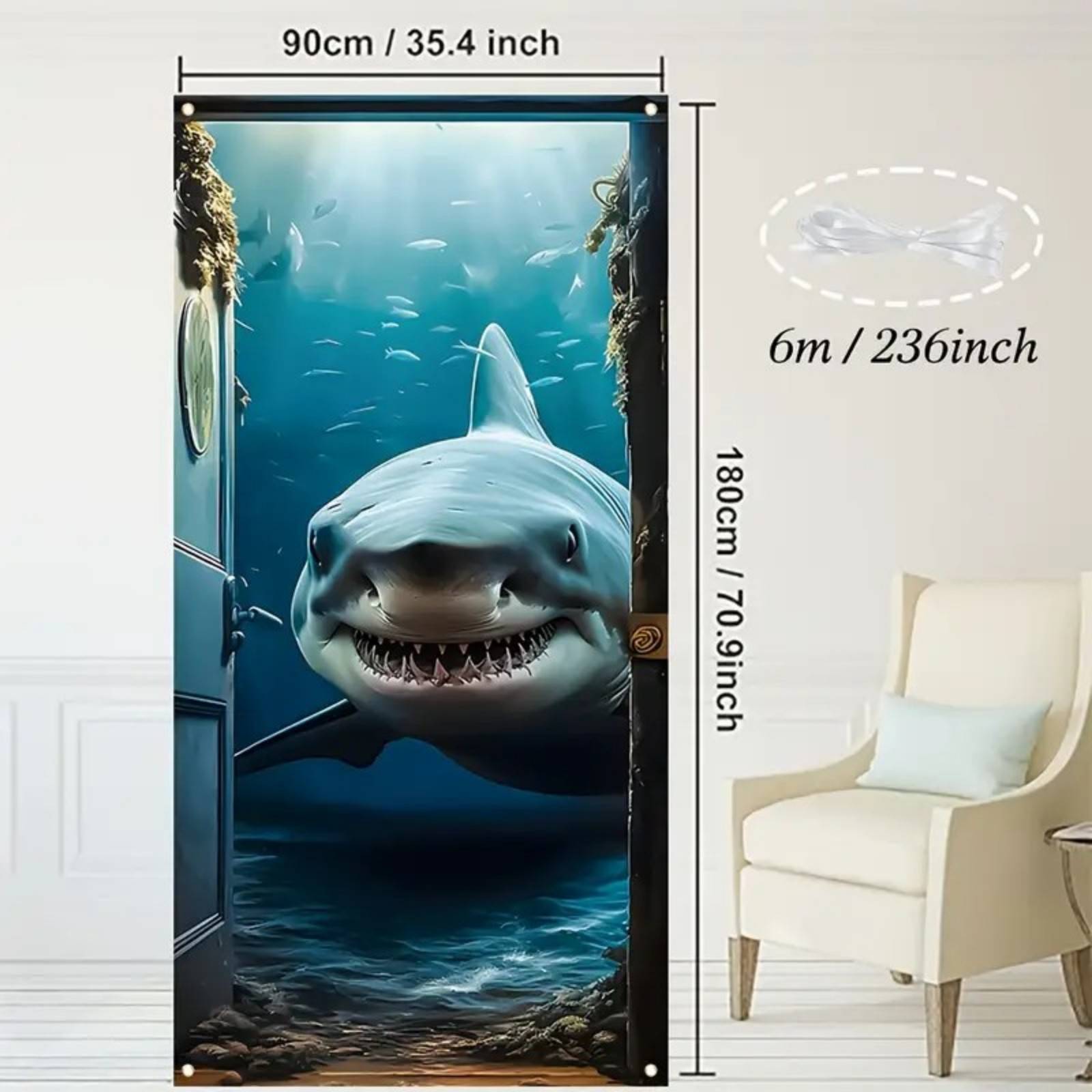 TEMU 2d Door Banner, 1pc 2d Door Banner - Realistic Underwater Scene With Shark & Coral , Durable Polyester, Machine Washable, 35.43x70.86 Inch,