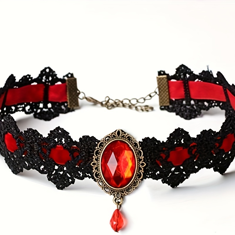 TEMU Collier avec pendentif rouge foncé vintage, bijou de jeu de rôle de sorcière d'Halloween, décoration de tenue de fête
